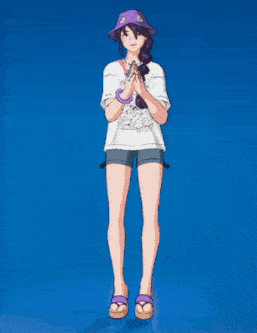 a girl wearing a purple hat and shorts stands on a blue background