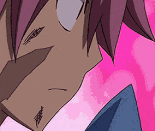 a close up of a cartoon character 's face with pink hair