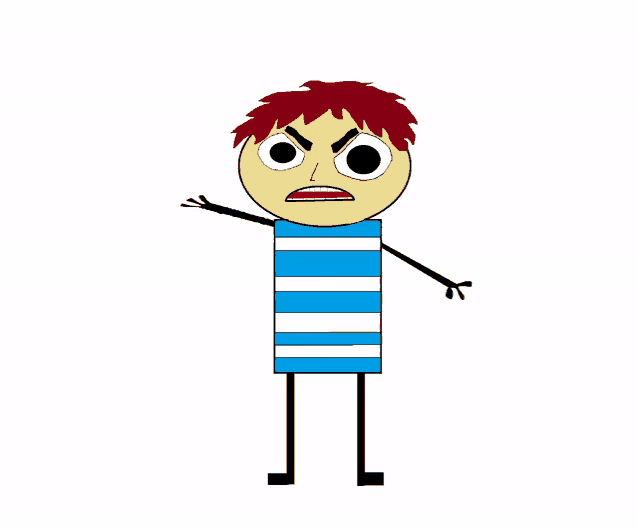 a stick figure with red hair and a blue and white striped shirt