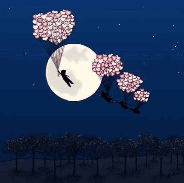 a drawing of a person flying over a full moon with balloons in the shape of hearts .