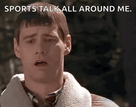 a man is making a funny face with the words sports talk all around me above him .