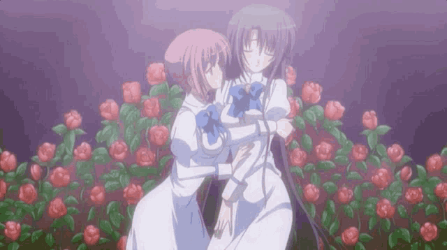 two anime girls are hugging each other in front of a field of roses