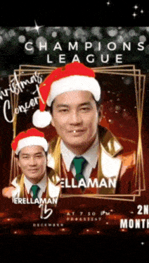 a poster for the champions league christmas concert shows a man wearing a santa hat