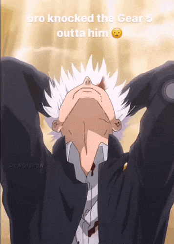 a man with white hair is looking up at the sky with the words bro knocked the gear 5 outta him above him