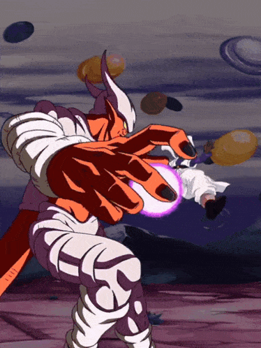 a cartoon character is holding a purple ball in his hand