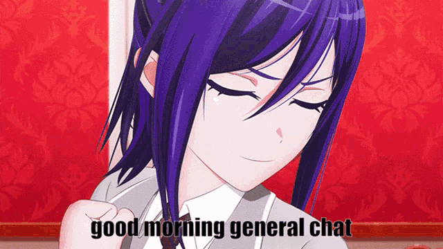 a girl with purple hair is smiling with the words good morning general chat above her