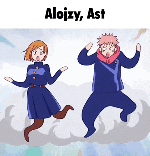 a cartoon of a boy and a girl dancing with the caption " alojzy ast " above them