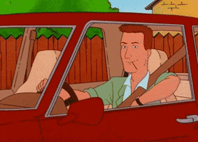 a cartoon of a man driving a red car with a cigarette in his mouth