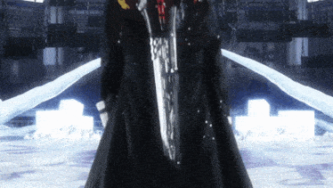 a person in a black coat holds a sword in their hand