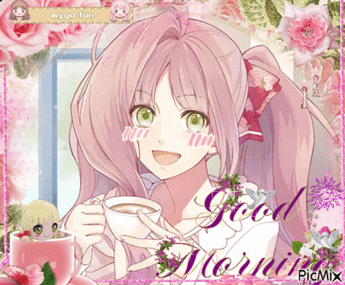 a picture of a girl holding a cup of coffee with the words good morning