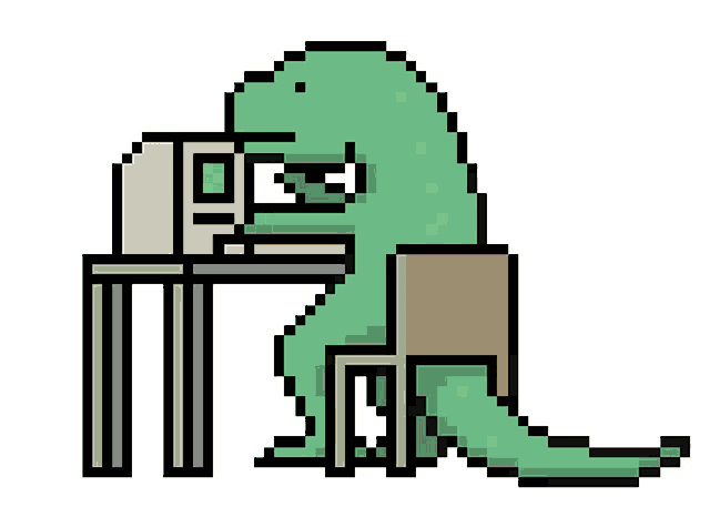 a pixel art of a dinosaur sitting at a desk .