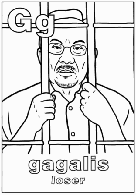 a black and white drawing of a man behind bars with the letters gg and gagalis below him