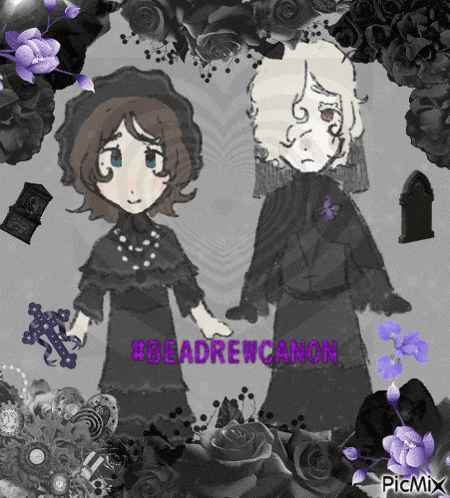 a black and white drawing of two people holding hands with the words #beadrewcanon above them