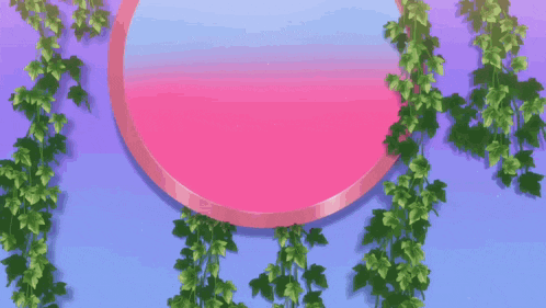 a person 's hand is pointing at a pink circle surrounded by ivy