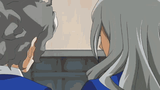 two anime characters are looking at each other and one has gray hair