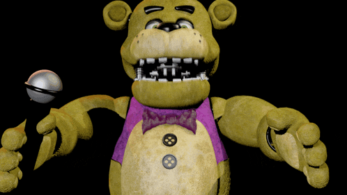a yellow teddy bear is holding a microphone with a black background