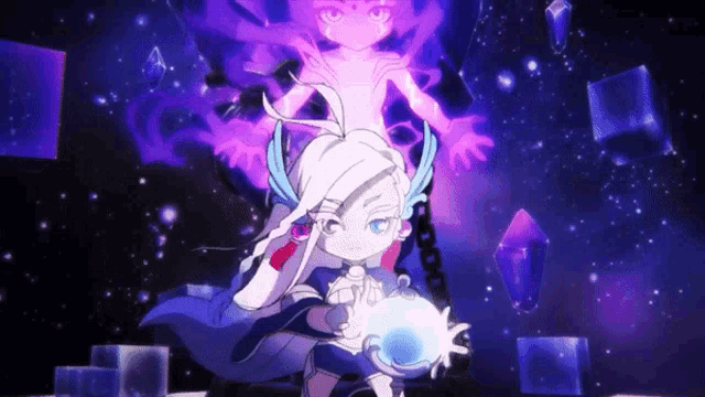 a girl with white hair and blue eyes is holding a blue ball in front of a purple background