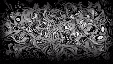 a black and white drawing of a monster with a lot of eyes and mouths