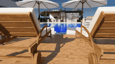 a wooden deck with chairs and umbrellas and a swimming pool in the background
