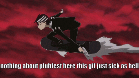 a cartoon of a man holding a gun with the words " nothing about pluhfest here th is gif just sick as hell "