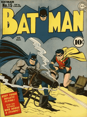 a comic book cover of batman and robin holding a machine gun