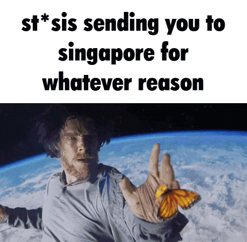 a man is holding a butterfly in front of the earth and says " st * sis sending you to singapore for whatever reason "