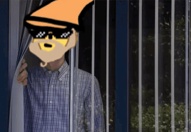 a man in a plaid shirt and sunglasses looks out a window behind bars