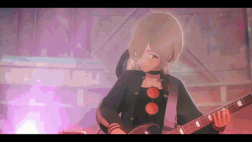 a girl is playing a guitar with a pink background