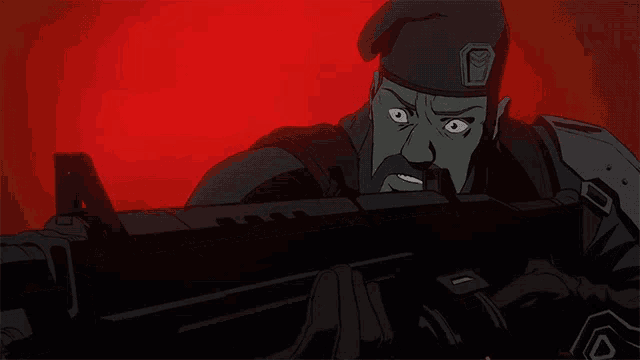 a cartoon of a man holding a gun in front of a red backdrop