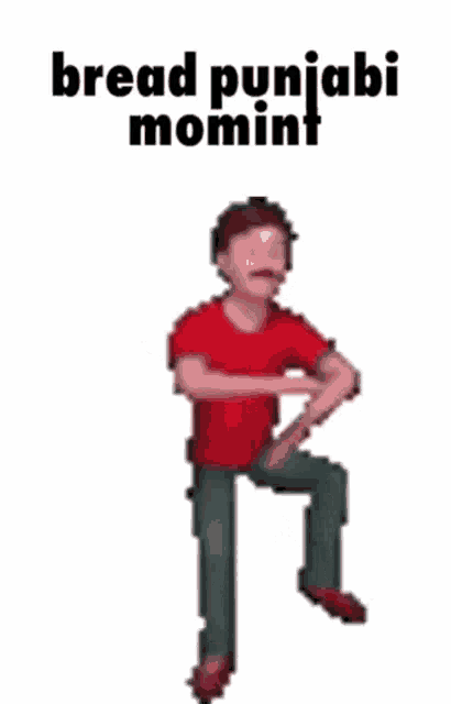 a pixel art of a man in a red shirt dancing with the words `` bread punjabi momint '' .
