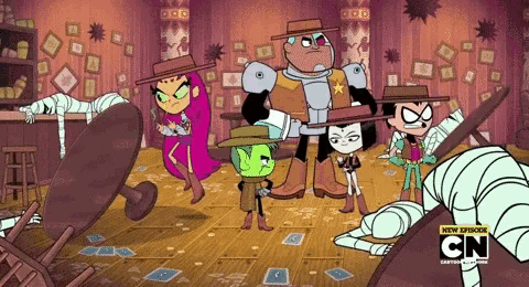 a group of cartoon characters are standing in a room with cn written on the bottom