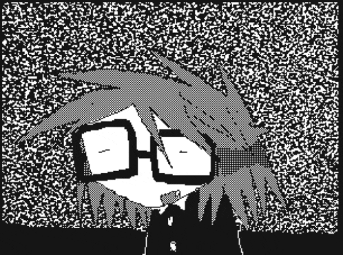 a black and white drawing of a person with glasses on