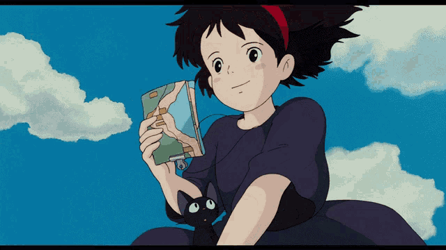 a girl with a black cat is reading a book that says ' fairy ' on it