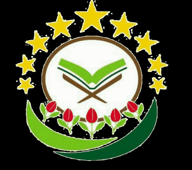 a logo with a book , crossed swords , flowers and stars .