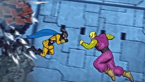 a cartoon of a man in a purple outfit fighting another man in a yellow outfit