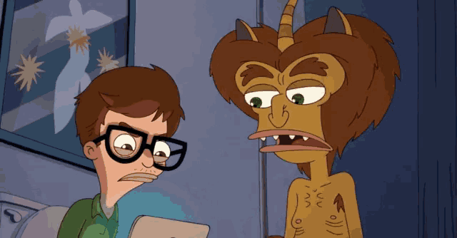 a cartoon of a boy and a monster with horns