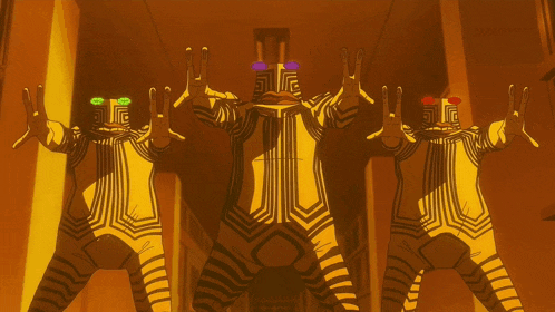 a group of cartoon characters are standing in a hallway with their arms outstretched