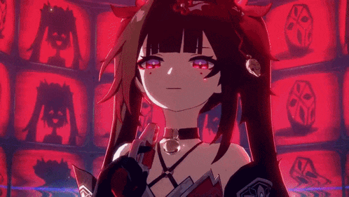 a girl with long black hair and red eyes is standing in front of a wall with a bunch of boxes .