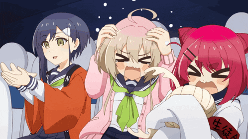 a cartoon of three girls with one wearing a sign that says " 生 徒 "