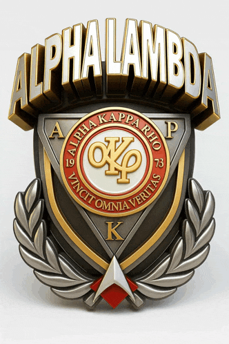 a badge that says alpha lambda on the top of it