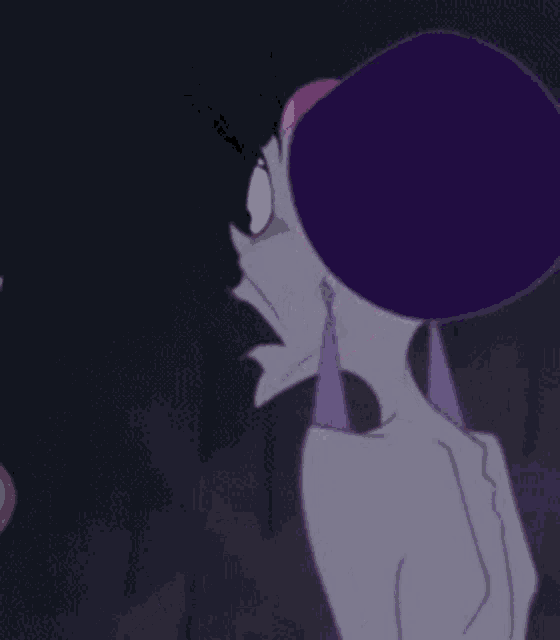 a cartoon character with a purple hat and a purple scarf is making a funny face .