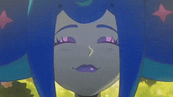 a close up of a cartoon character with blue hair and pink stars on her ears