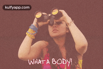 a woman looking through binoculars with the words what a body written on the bottom