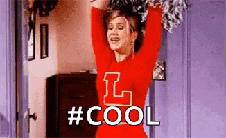 a cheerleader from friends is holding pom poms in her hands and wearing a red shirt .