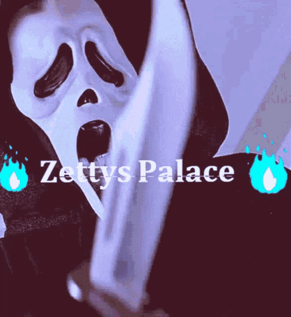 a person wearing a scream mask is holding a knife and the words zetty 's palace are below them