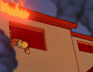 a cartoon character looking out a window at a fire