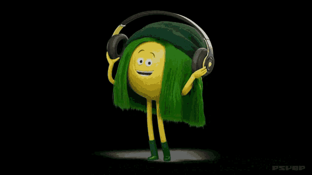 a cartoon character with green hair and headphones on
