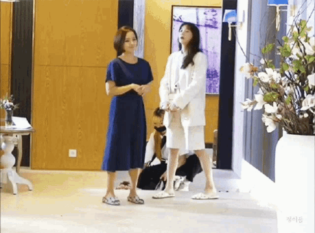 two women are standing next to each other in a room with a vase of flowers .