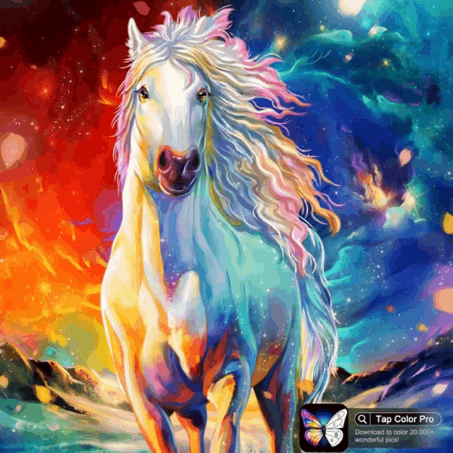 a colorful painting of a horse with a tap color pro logo