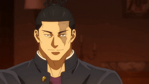 a man with a bun on his head is making a gesture with his finger